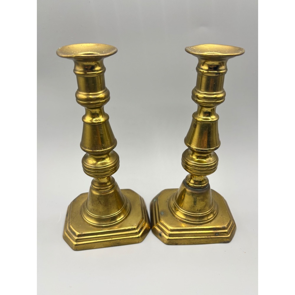 Vtg Brass Candlestick Holders Pair Octagon Base Home Decor Table Mantle